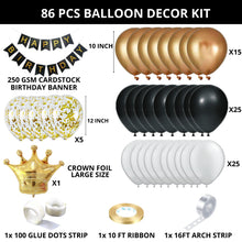 86Pcs - DIY Happy Birthday Metallic Golden, White, Black Latex & confetti Balloons, Black & Gold Happy Birthday Banner and Golden Crown Foil