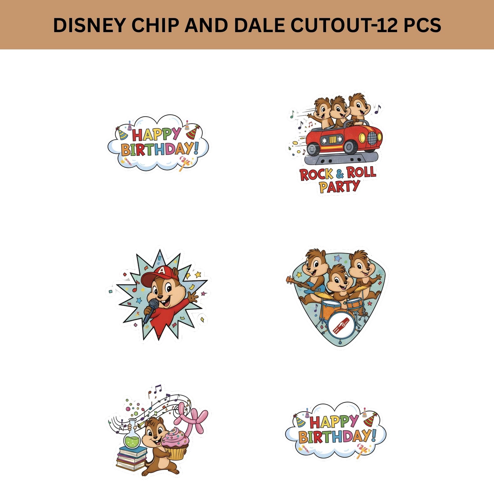 Disney Chip & Dale Theme Birthday Cutouts (6 inches/250 GSM Cardstock/Mixcolour/12Pcs)