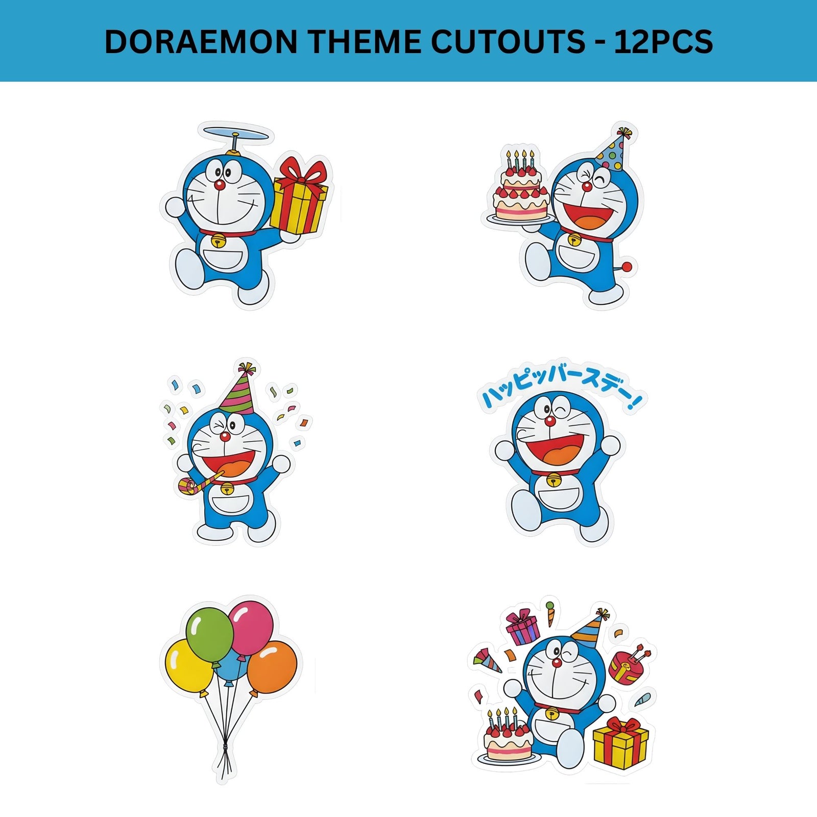 Doraemon Theme Birthday Cutouts (6 inches/250 GSM Cardstock/Mixcolour/12Pcs)