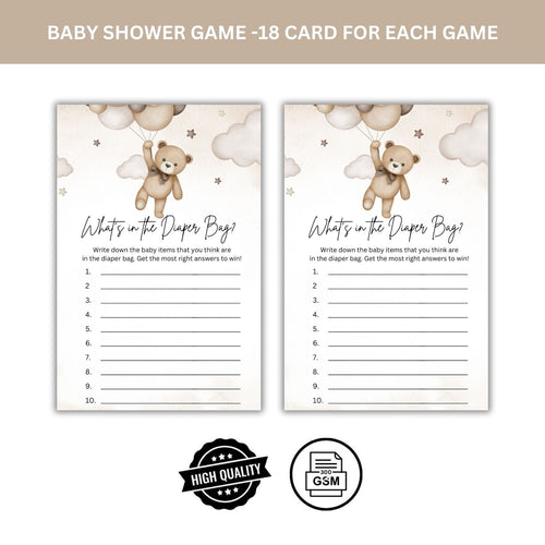 Load image into Gallery viewer, Baby Shower Games Card Pack - 18 High-Quality 300 gsm Cards for Fun &amp; Exciting Celebration(What&#39;s In The Diaper Bag?)
