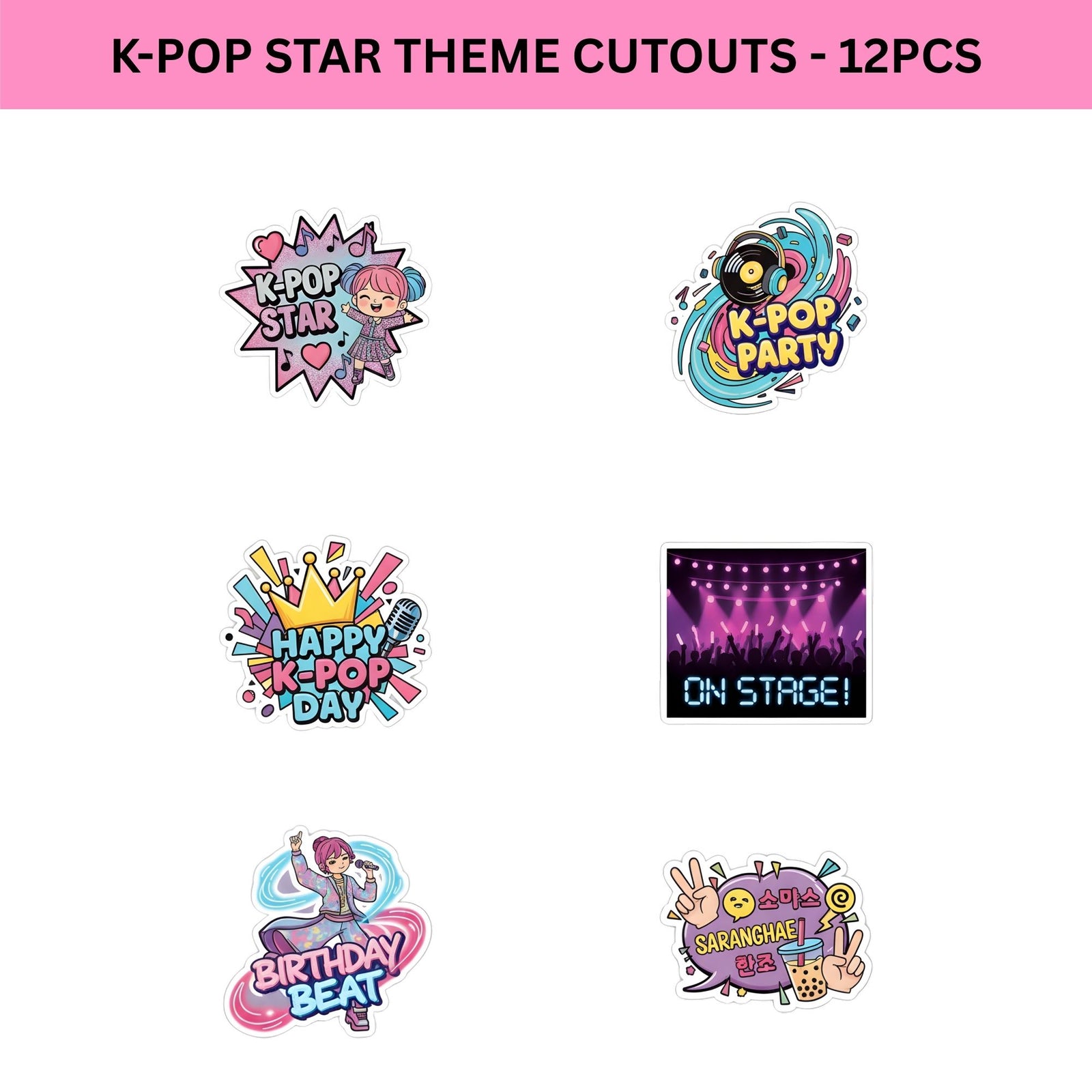 K-Pop Star Theme Birthday Cutouts (6 inches/250 GSM Cardstock/Mixcolour/12Pcs)