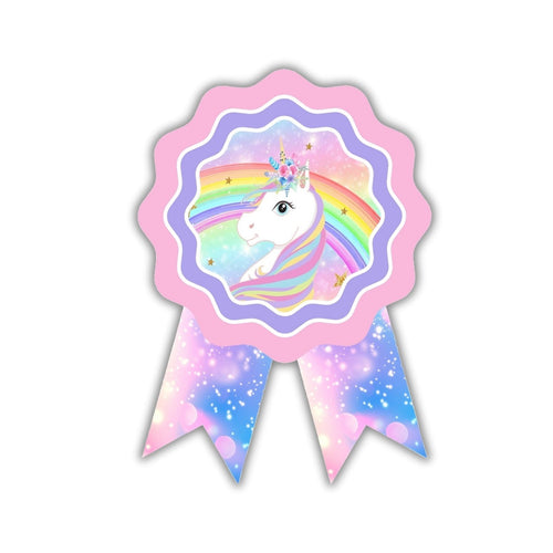 Load image into Gallery viewer, Unicorn Theme Birthday Badges for Kids – 4x3 Inch 250gsm Cardstock with Pin | PartyDecor Mall (Unicorn)
