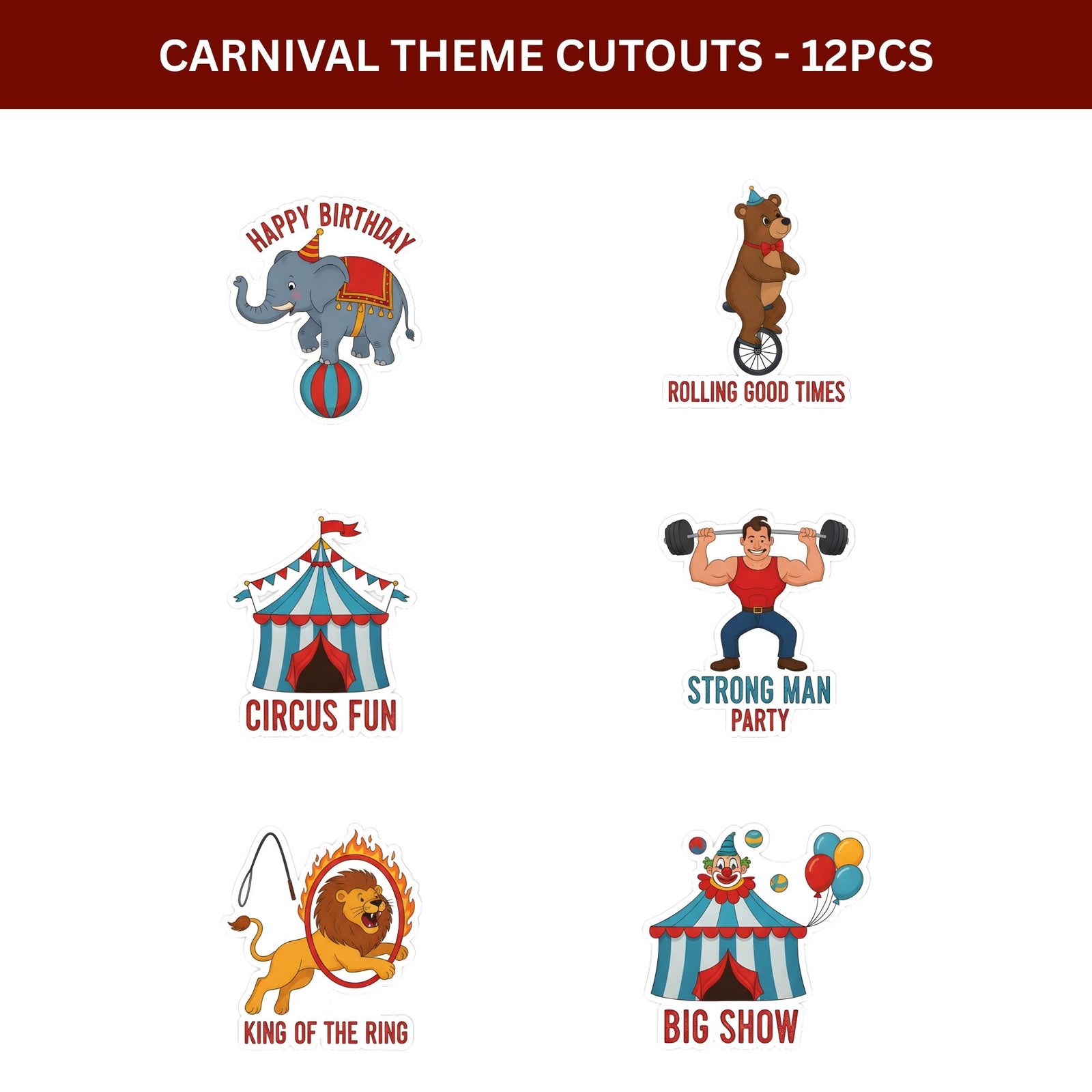 Carnival Theme Birthday Cutouts (6 inches/250 GSM Cardstock/Mixcolour/12Pcs)