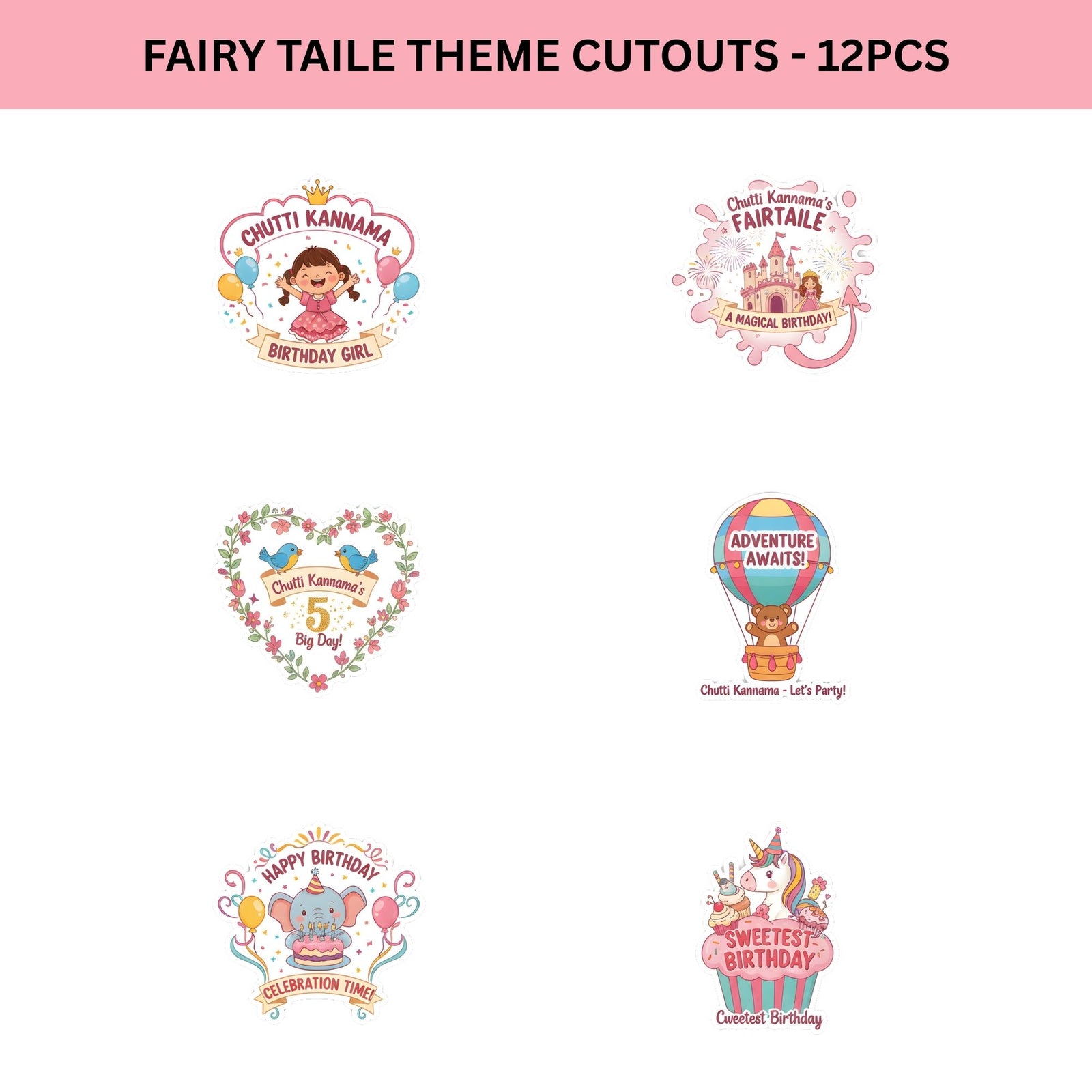 Fairy Taile Theme Birthday Cutouts (6 inches/250 GSM Cardstock/Mixcolour/12Pcs)