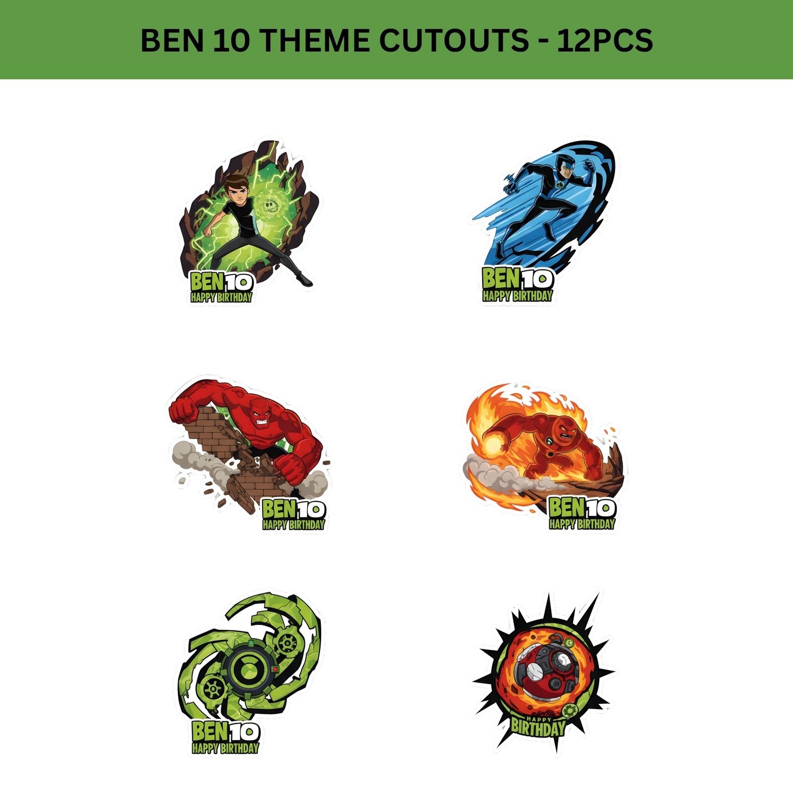 Ben10 Theme Birthday Cutouts (6 inches/250 GSM Cardstock/Mixcolour/12Pcs)