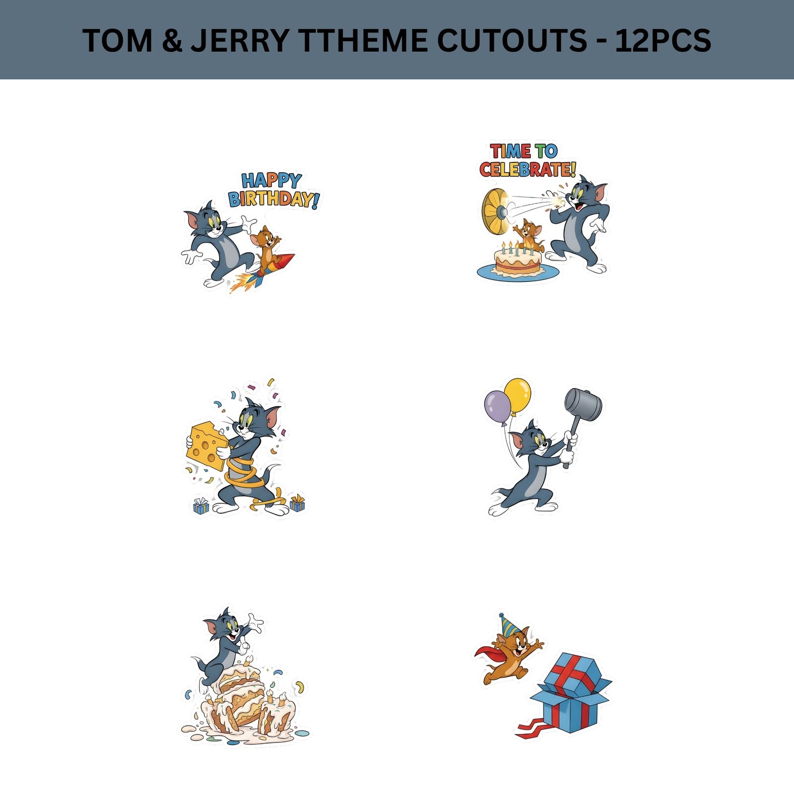 Tom & Jerry Theme Birthday Cutouts (6 inches/250 GSM Cardstock/Mixcolour/12Pcs)