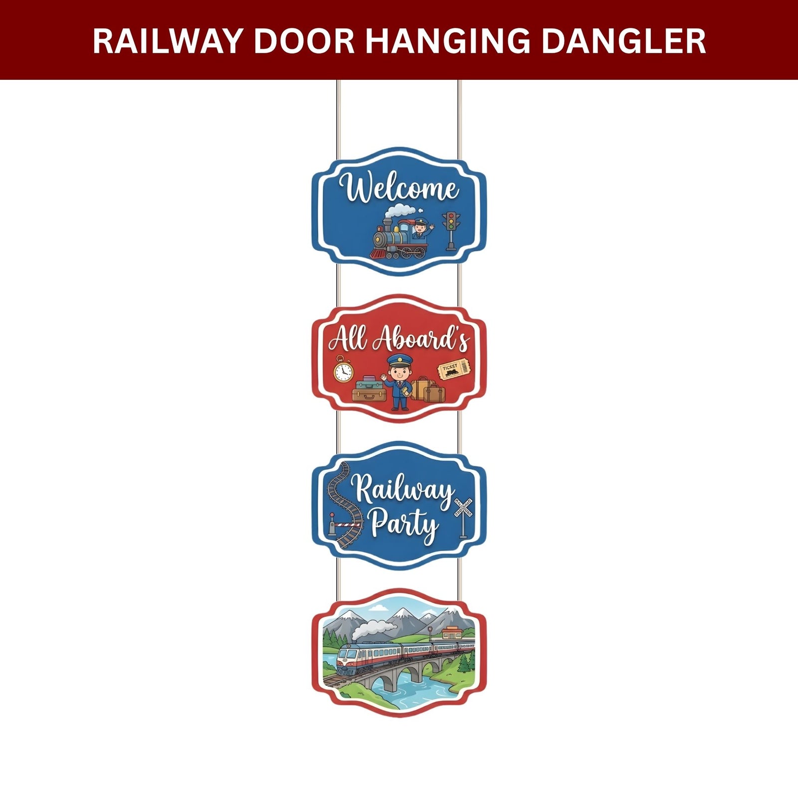 Railway Door/Wall Hanging Dangler- (42 Inches/250 GSM Cardstock/Red & Blue/6Pcs)