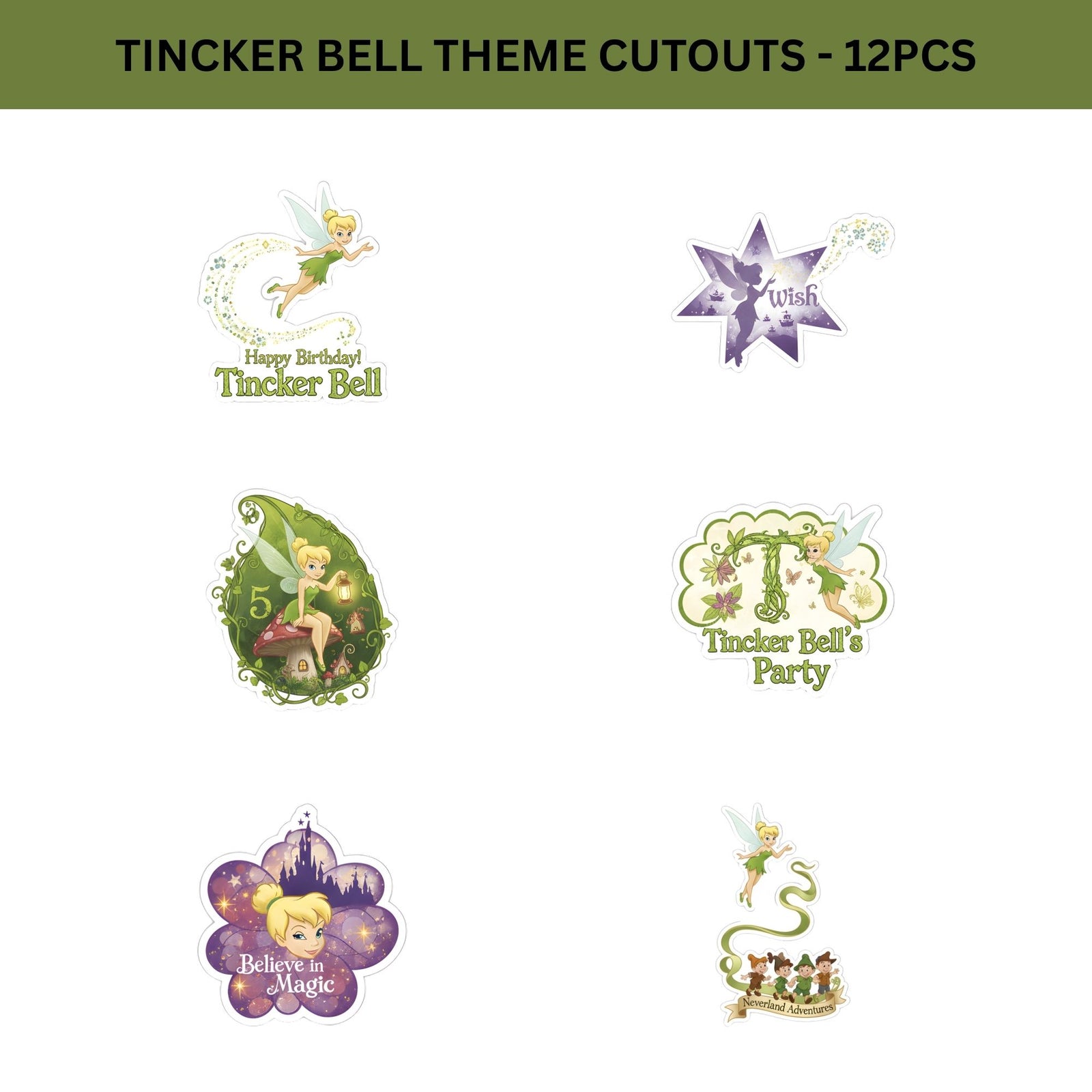 Tincker Bell Theme Birthday Cutouts (6 inches/250 GSM Cardstock/Mixcolour/12Pcs)