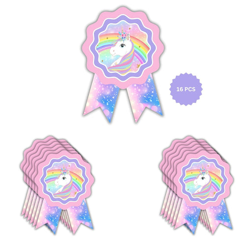 Load image into Gallery viewer, Unicorn Theme Birthday Badges for Kids – 4x3 Inch 250gsm Cardstock with Pin | PartyDecor Mall (Unicorn)
