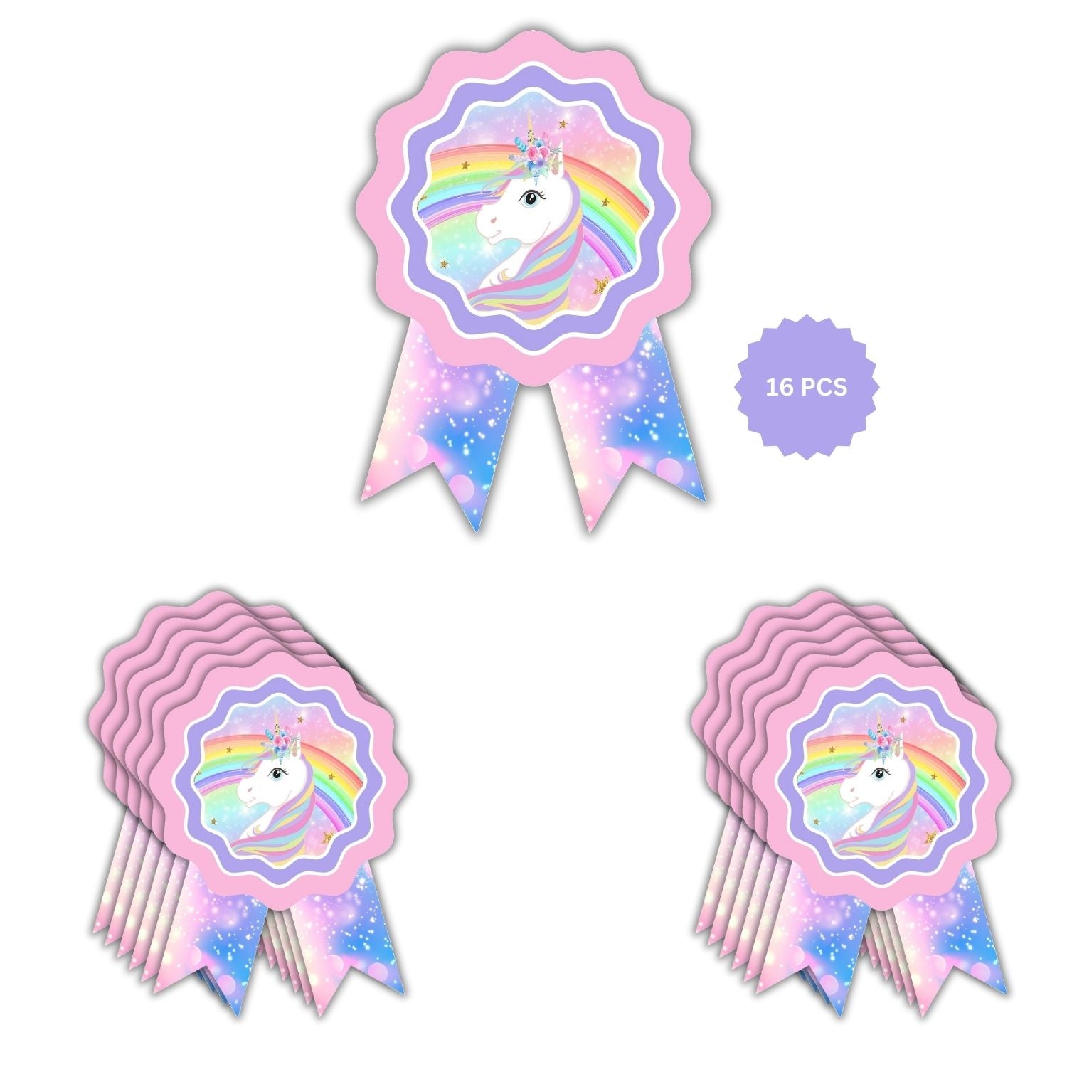 Unicorn Theme Birthday Badges for Kids – 4x3 Inch 250gsm Cardstock with Pin | PartyDecor Mall (Unicorn)