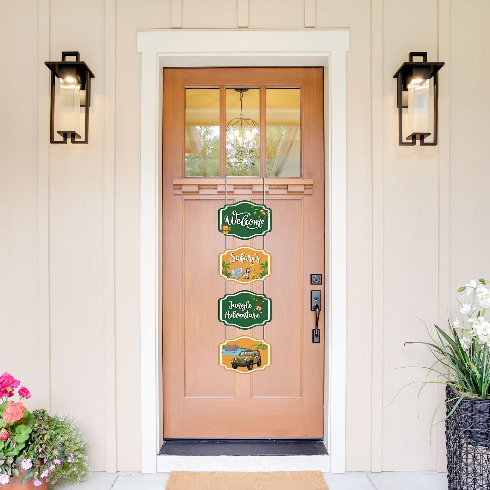 Jungle Safari Door/Wall Hanging Dangler- (42 Inches/250 GSM Cardstock/Green & Orange/6Pcs)