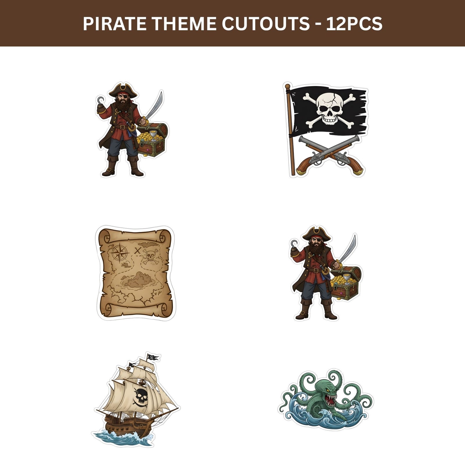 Pirate Theme Birthday Cutouts (6 inches/250 GSM Cardstock/Mixcolour/12Pcs)