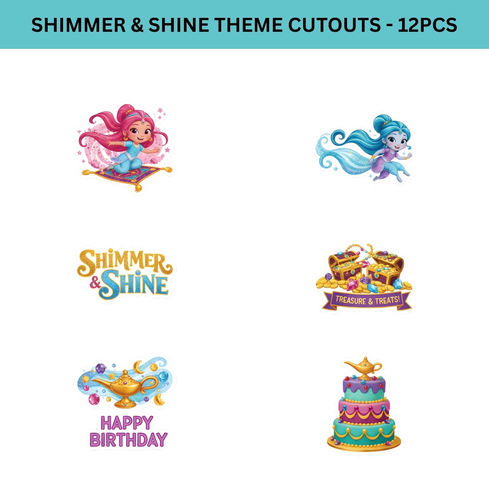 Shimmer & Shine Theme Birthday Cutouts (6 inches/250 GSM Cardstock/Mixcolour/12Pcs)