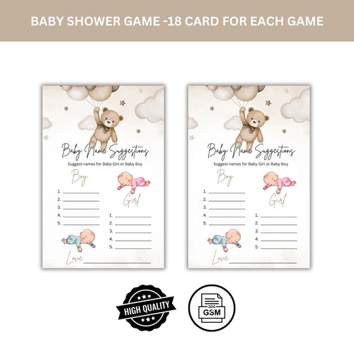 Load image into Gallery viewer, Baby Shower Games Card Pack - 18 High-Quality 300gsm Cards for Fun &amp; Exciting Celebration(Baby Name Suggestions)
