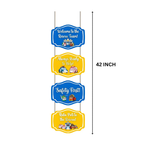 Load image into Gallery viewer, Robo Poli To The Rescue Door/Wall Hanging Dangler- (42 Inches/250 GSM Cardstock/Blue &amp; Yellow/6Pcs)
