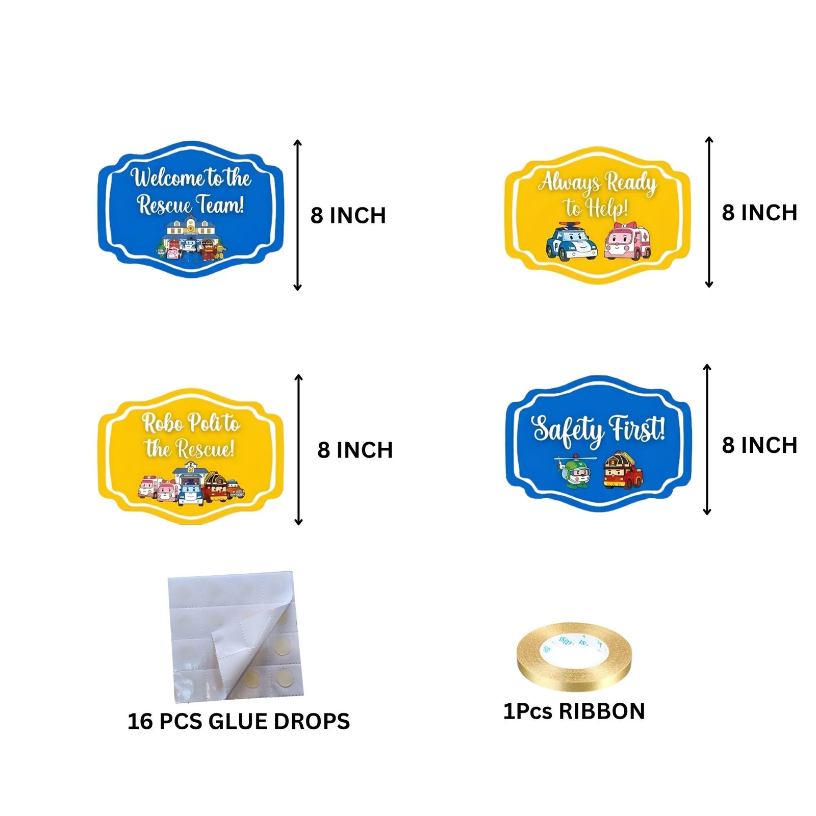 Robo Poli To The Rescue Door/Wall Hanging Dangler- (42 Inches/250 GSM Cardstock/Blue & Yellow/6Pcs)