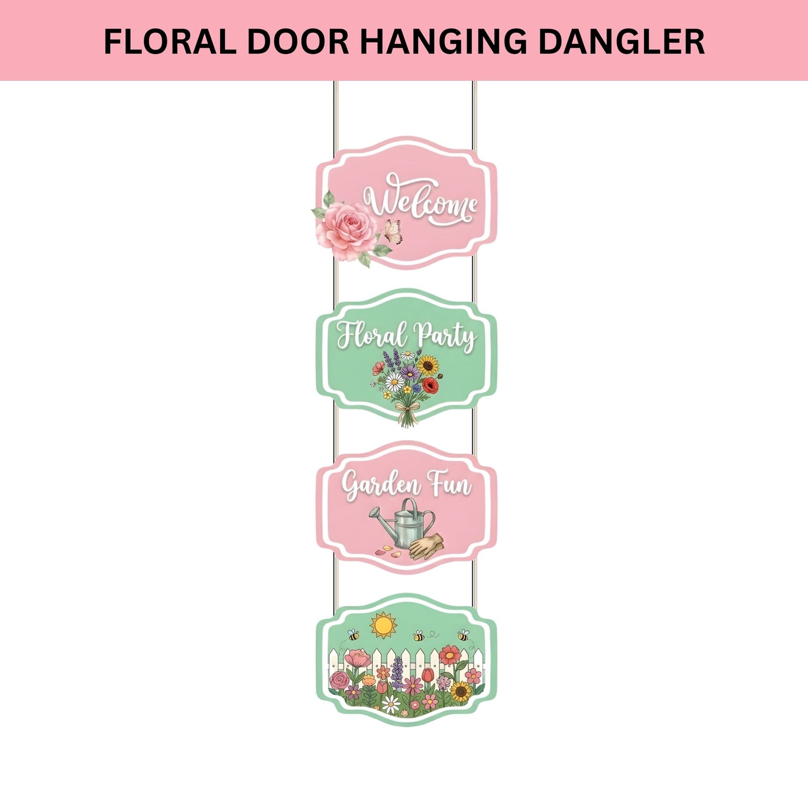 Floral Door/Wall Hanging Dangler- (42 Inches/250 GSM Cardstock/Green & Pink/6Pcs)