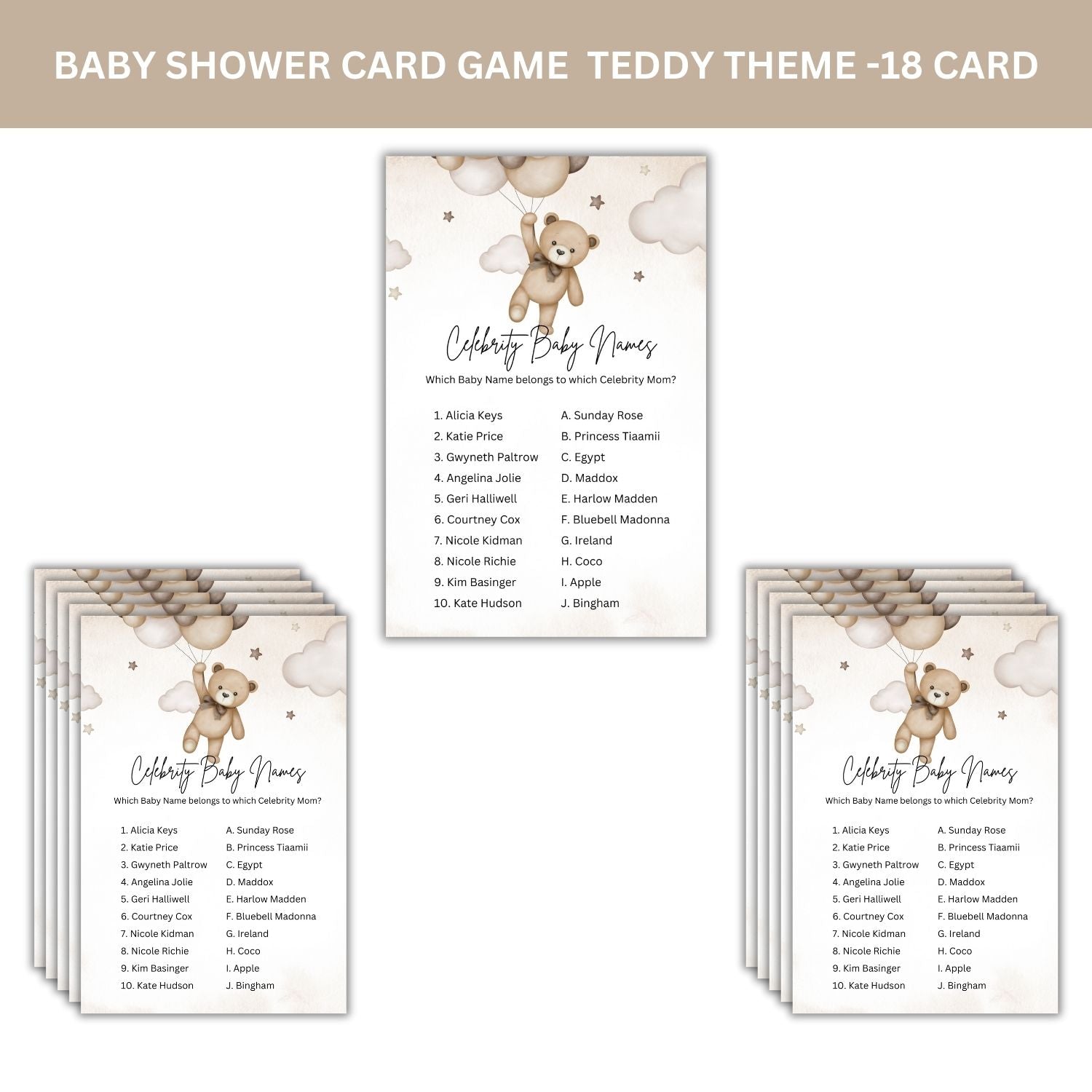 Baby Shower Games Card Pack - 18 High-Quality 300gsm Cards for Fun & Exciting Celebration(Celebrity Baby Names)