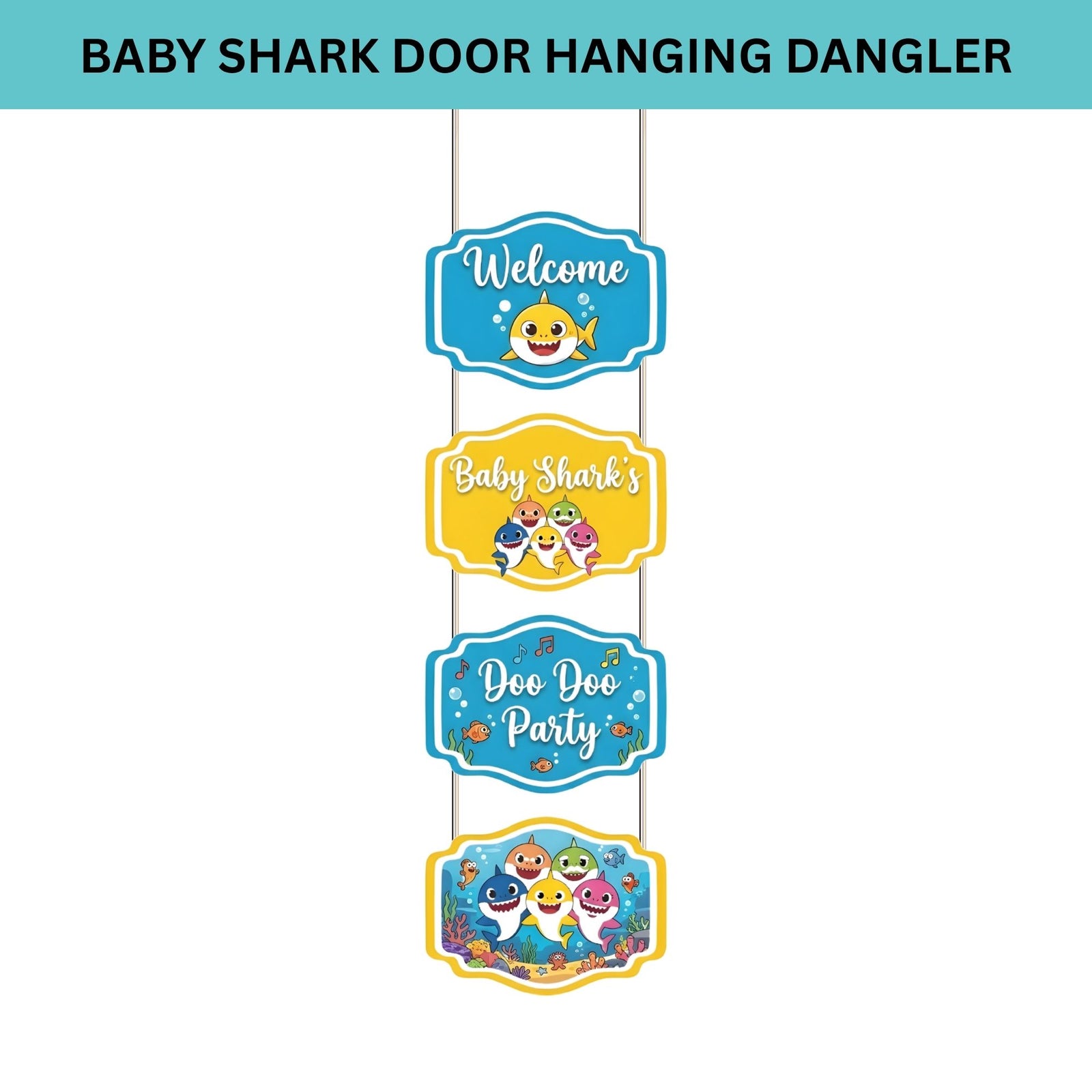 Baby Shark Door/Wall Hanging Dangler- (42 Inches/250 GSM Cardstock/Blue & Yellow/6Pcs)