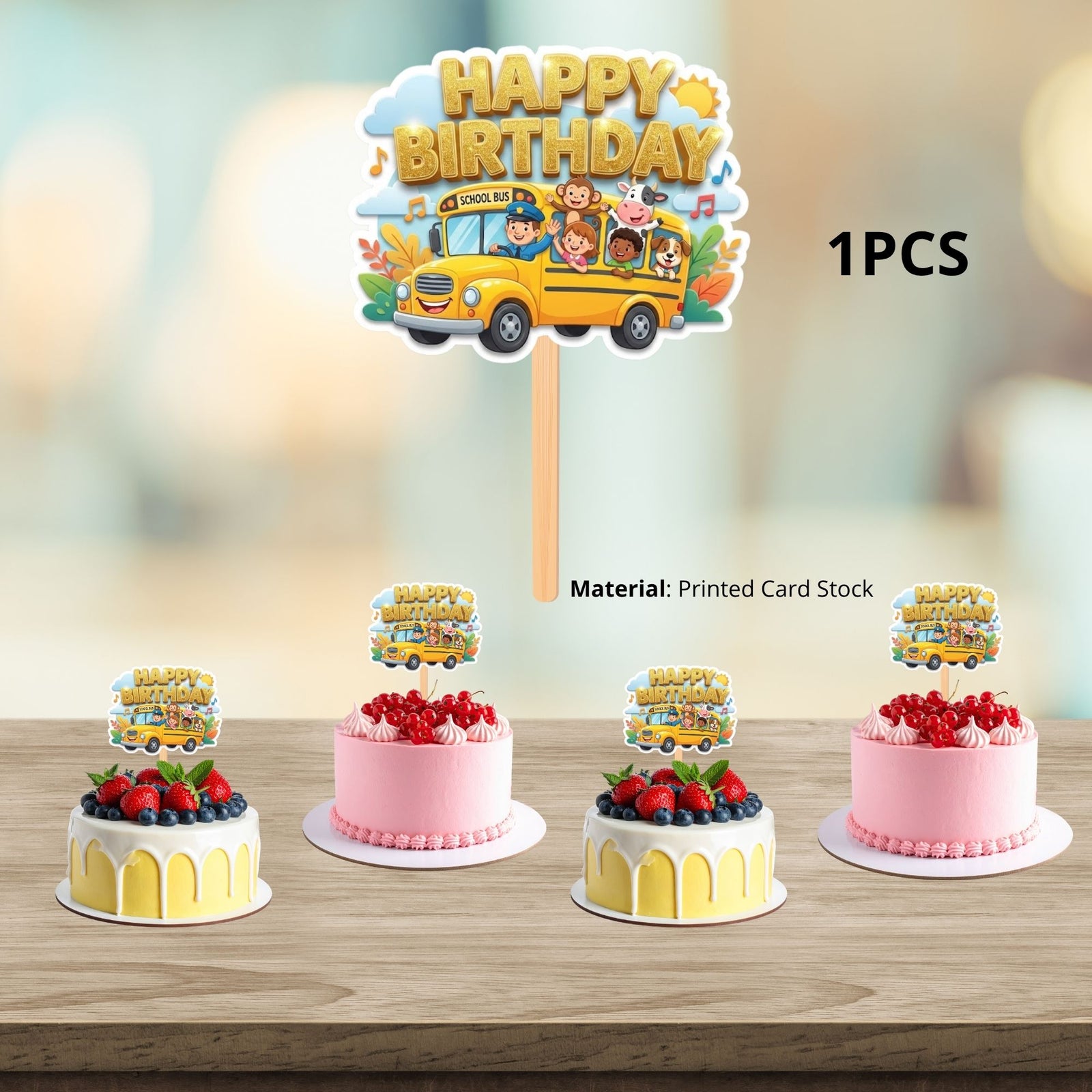 Wheels On The Bus Birthday Cake Topper for Kids | Premium 300 GSM Cardstock | Cute Cartoon Party Decoration | Cake Decoration Topper for Birthday Party Supplies