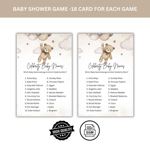 Load image into Gallery viewer, Baby Shower Games Card Pack - 18 High-Quality 300gsm Cards for Fun &amp; Exciting Celebration(Celebrity Baby Names)
