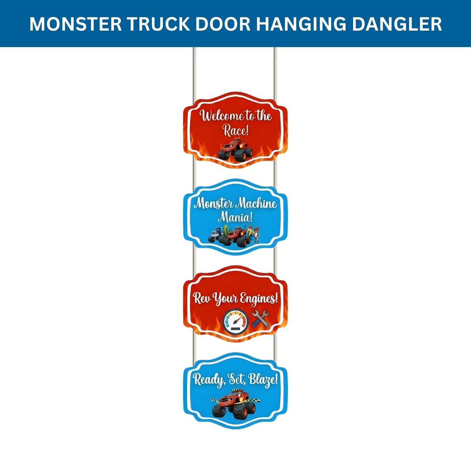 Monster Truck Door/Wall Hanging Dangler- (42 Inches/250 GSM Cardstock/Red & Blue/6Pcs)