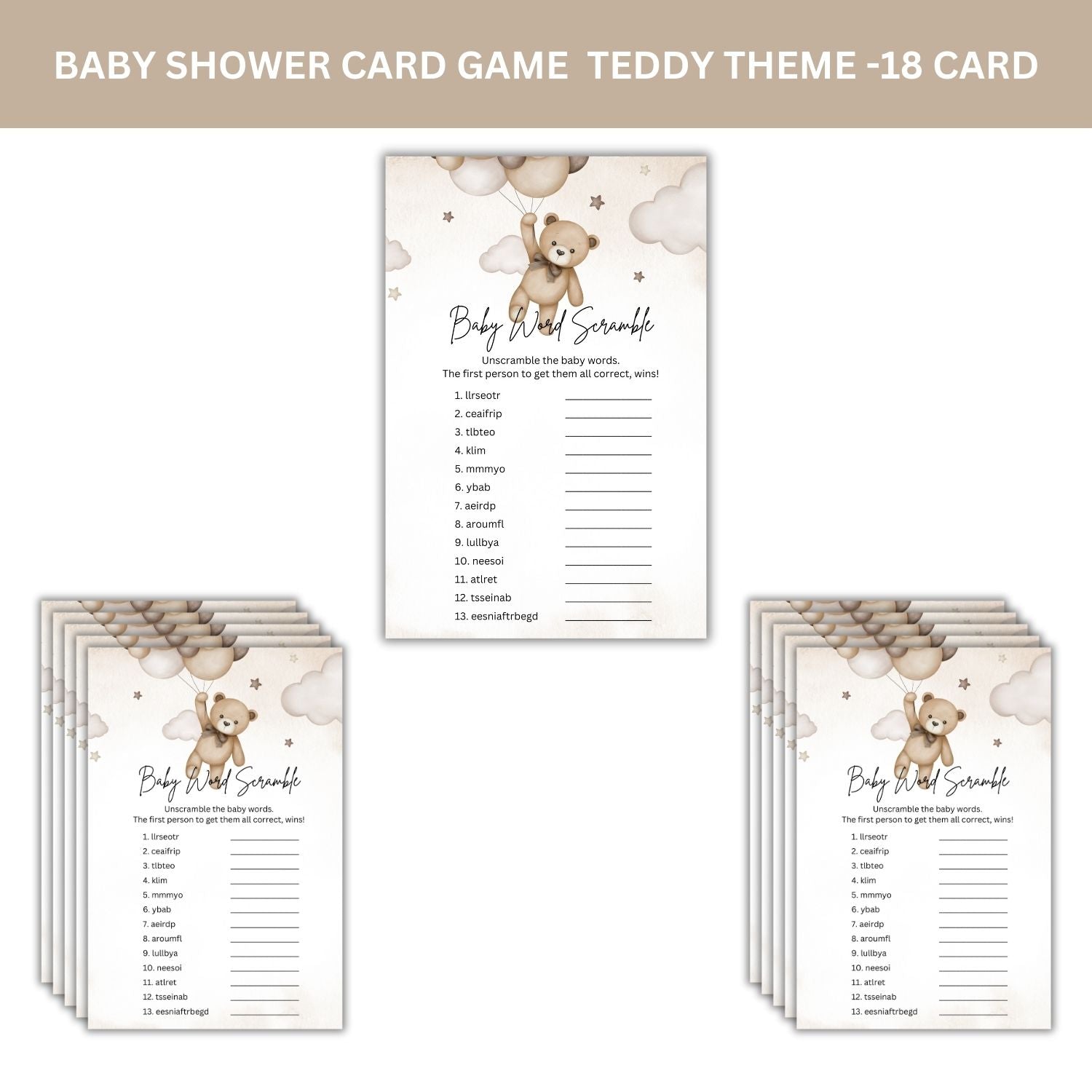 Baby Shower Games Card Pack - 18 High-Quality 300gsm Cards for Fun & Exciting Celebration(Baby Word Scramble)