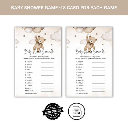 Load image into Gallery viewer, Baby Shower Games Card Pack - 18 High-Quality 300gsm Cards for Fun &amp; Exciting Celebration(Baby Word Scramble)
