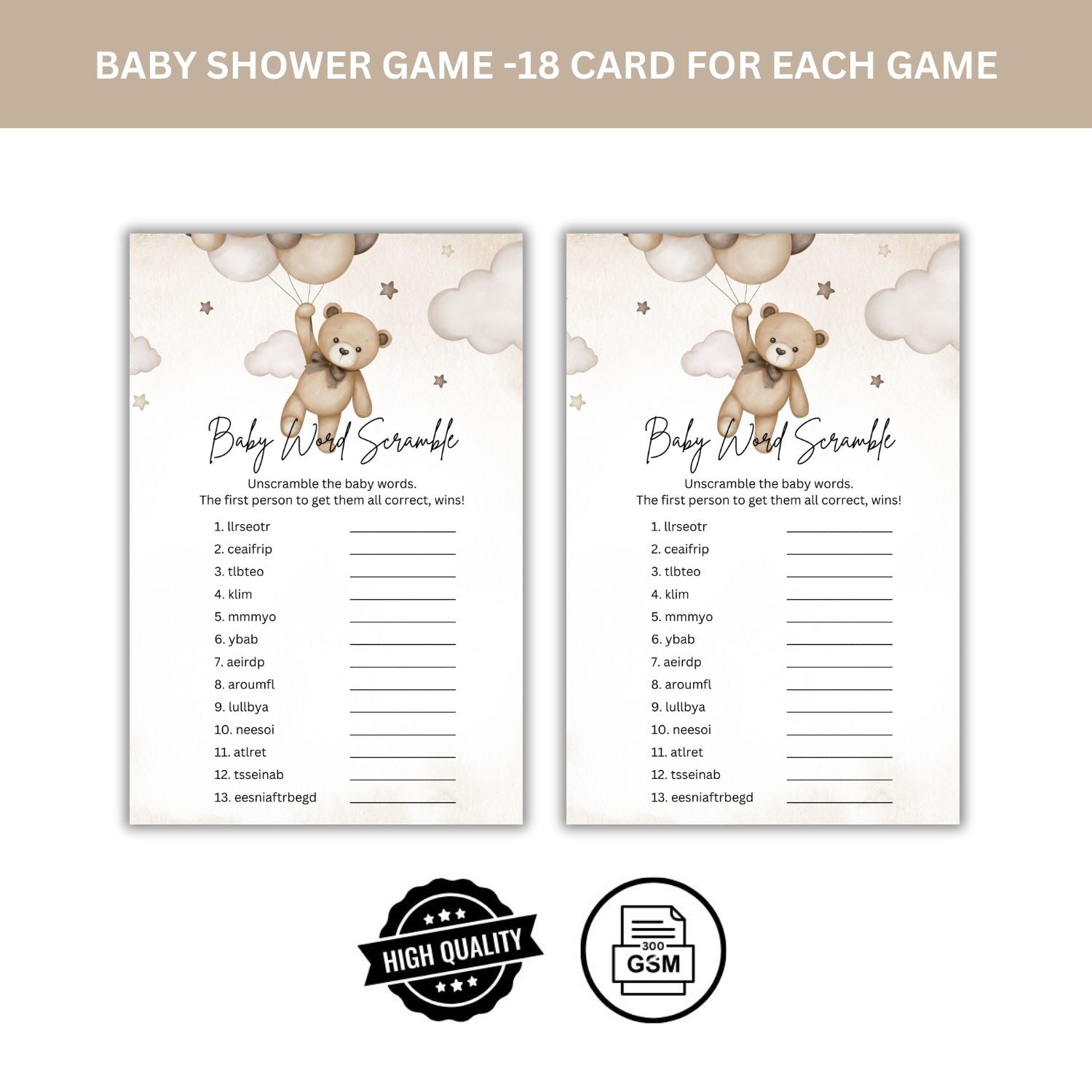 Baby Shower Games Card Pack - 18 High-Quality 300gsm Cards for Fun & Exciting Celebration(Baby Word Scramble)