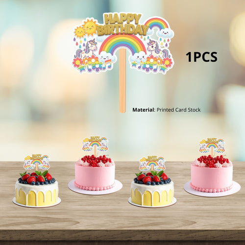 Load image into Gallery viewer, Unicorn And Rainbow Birthday Cake Topper for Kids | Premium 300 GSM Cardstock | Cute Cartoon Party Decoration | Cake Decoration Topper for Birthday Party Supplies
