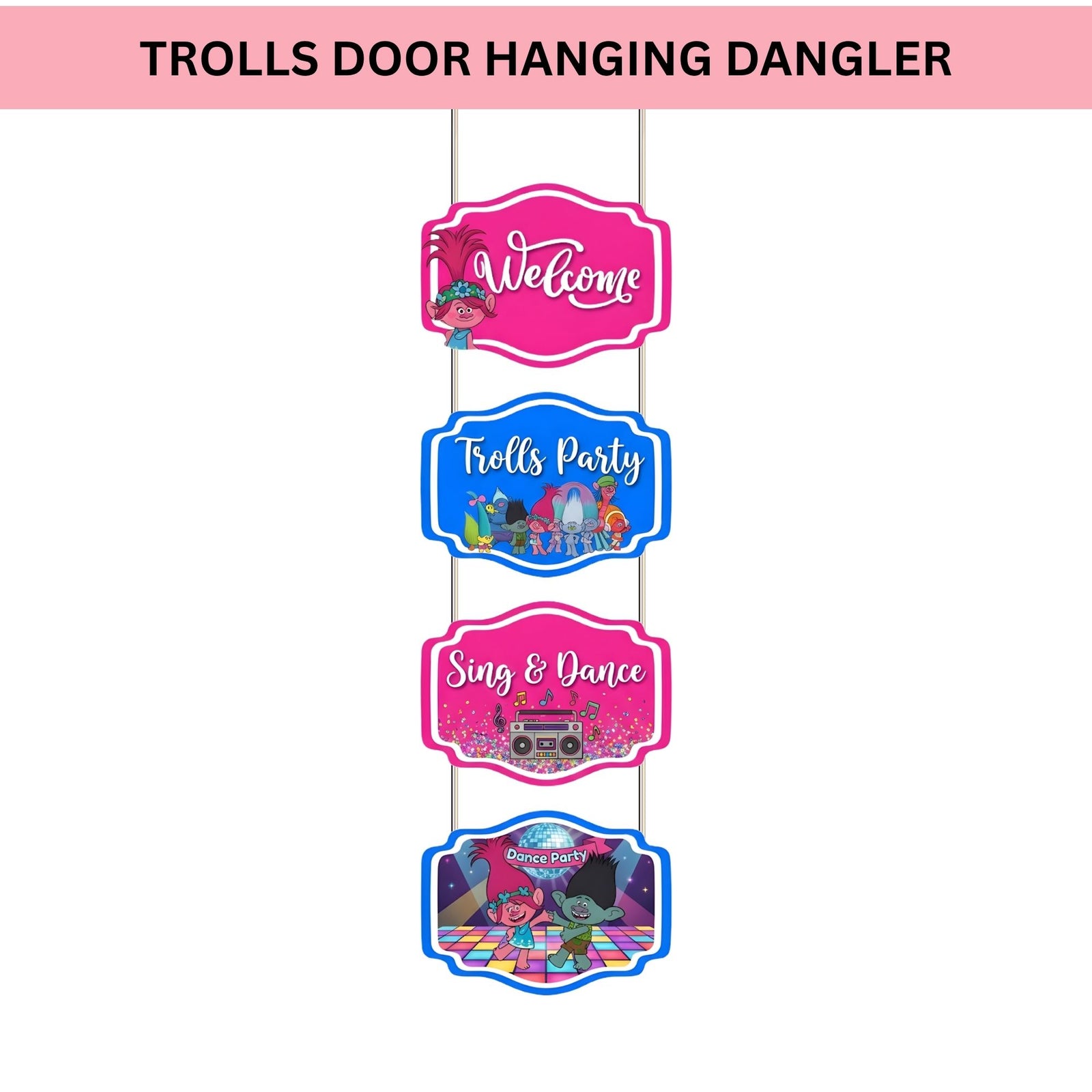 Trolls Door/Wall Hanging Dangler- (42 Inches/250 GSM Cardstock/Pink & Blue/6Pcs)