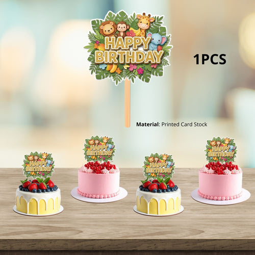 Load image into Gallery viewer, Jungle Birthday Cake Topper for Kids | Premium 300 GSM Cardstock | Cute Cartoon Party Decoration | Cake Decoration Topper for Birthday Party Supplies
