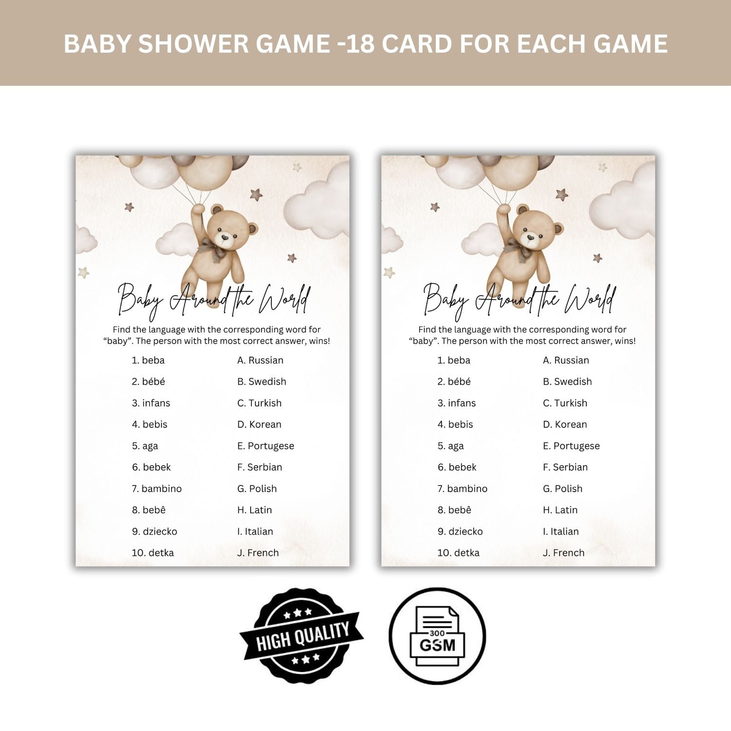 Baby Shower Games Card Pack - 18 High-Quality 300gsm Cards for Fun & Exciting Celebration(Baby Around The World)