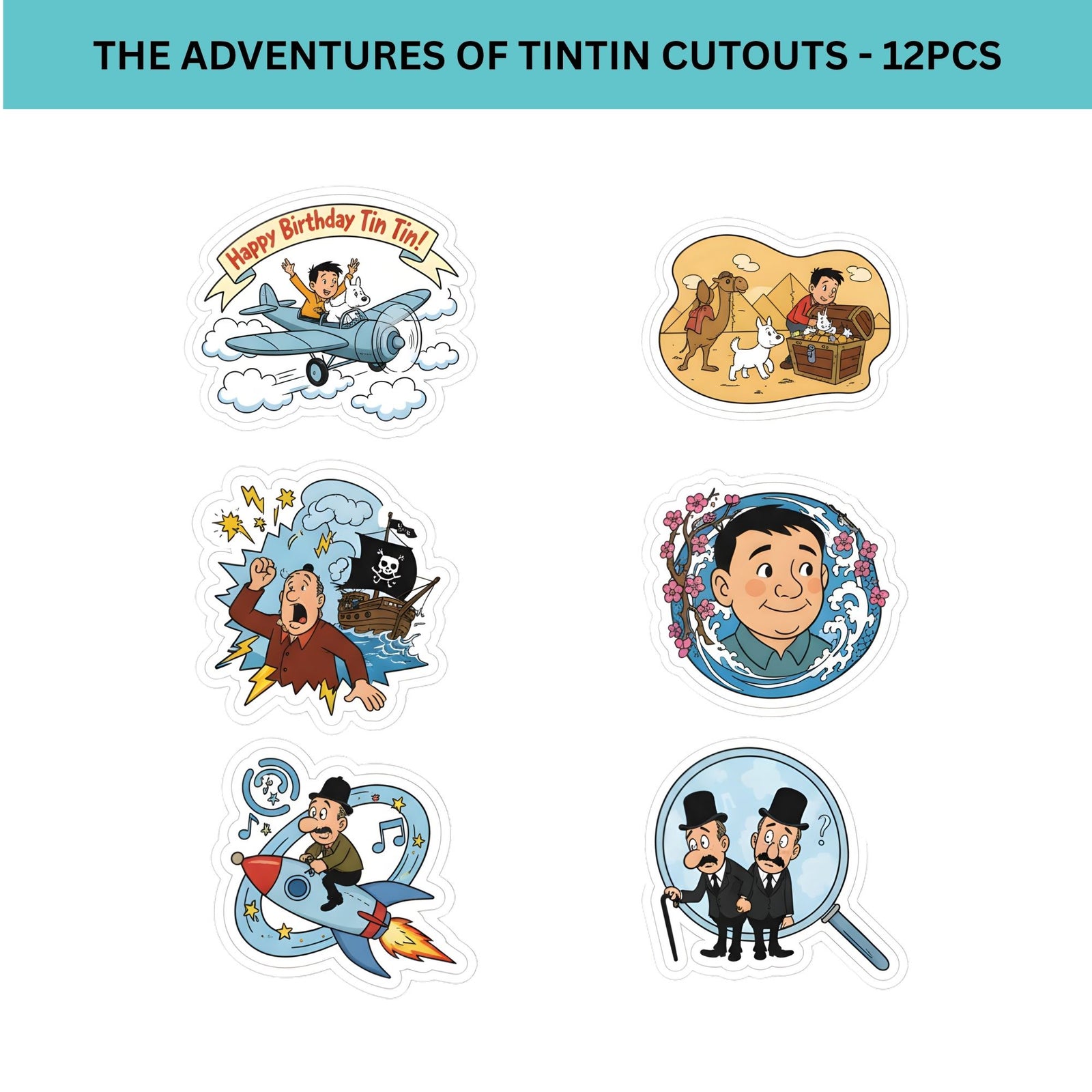 The Adventures Of TintinTheme Birthday Cutouts (6 inches/250 GSM Cardstock/Mixcolour/12Pcs)