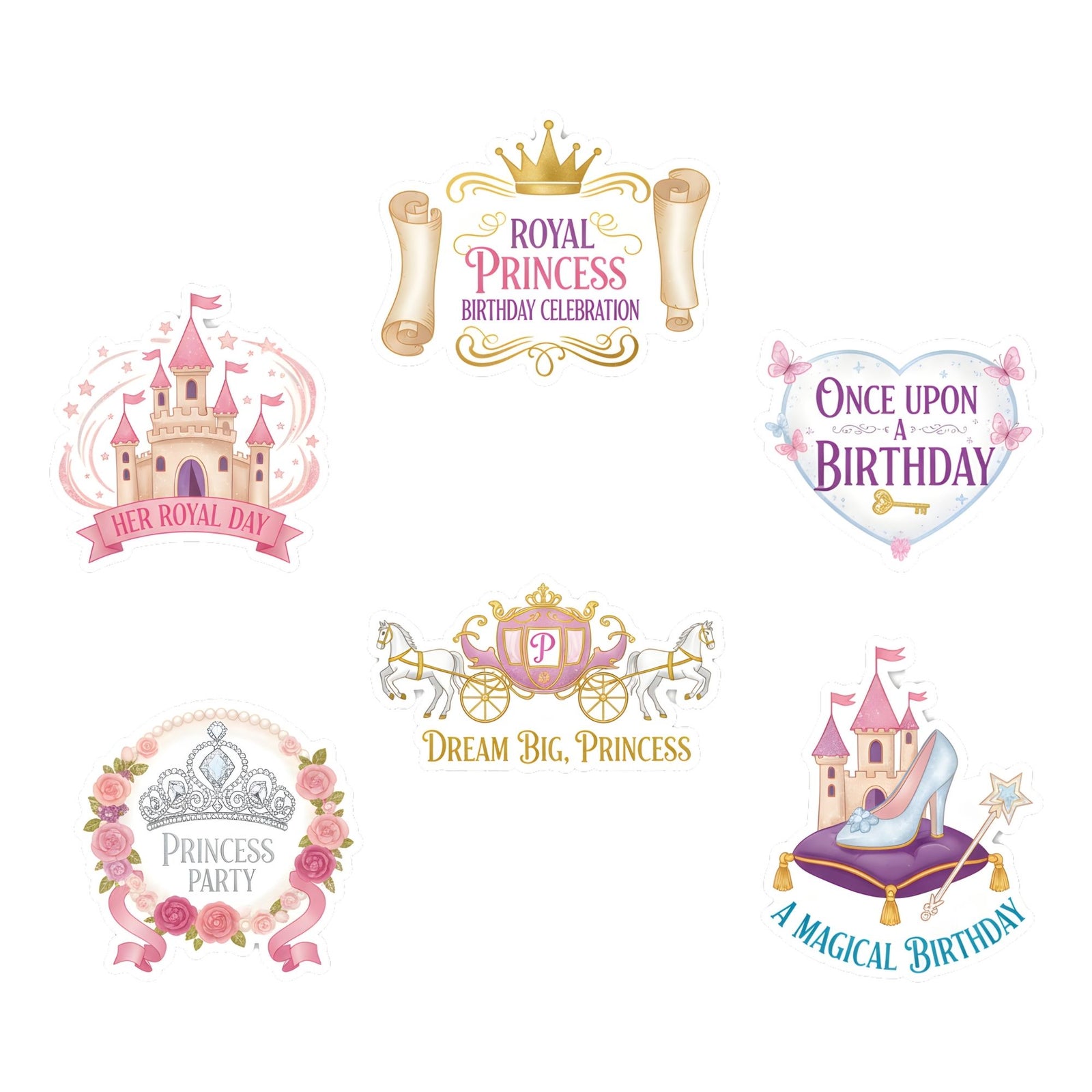 Royal Princess Theme Birthday Cutouts (6 inches/250 GSM Cardstock/Mixcolour/12Pcs)