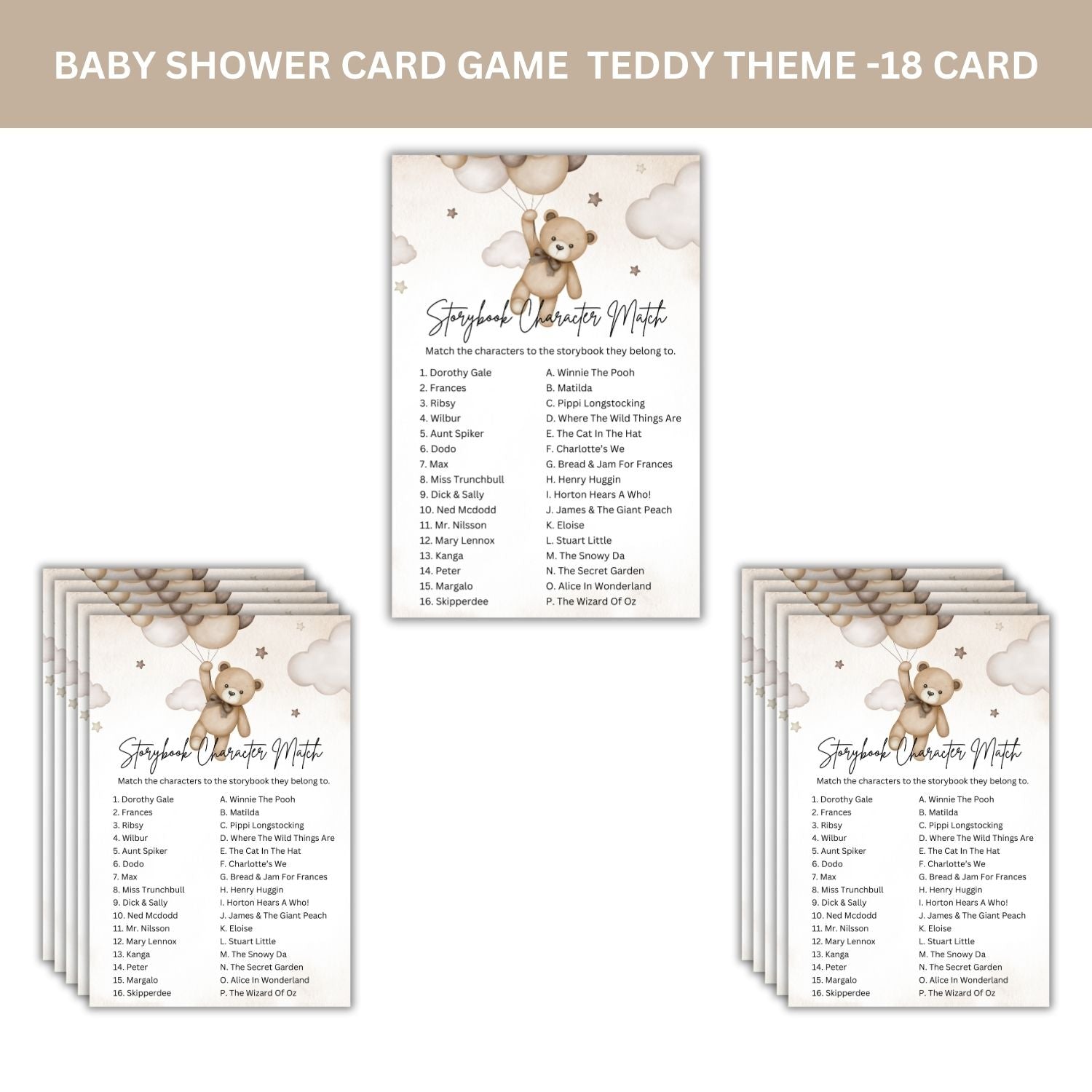 Baby Shower Games Card Pack - 18 High-Quality 300gsm Cards for Fun & Exciting Celebration(Storybook Character Match)