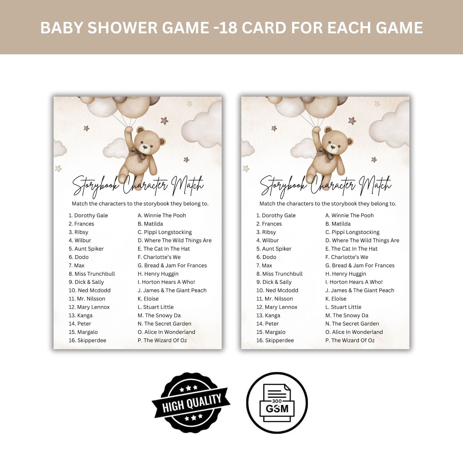 Baby Shower Games Card Pack - 18 High-Quality 300gsm Cards for Fun & Exciting Celebration(Storybook Character Match)