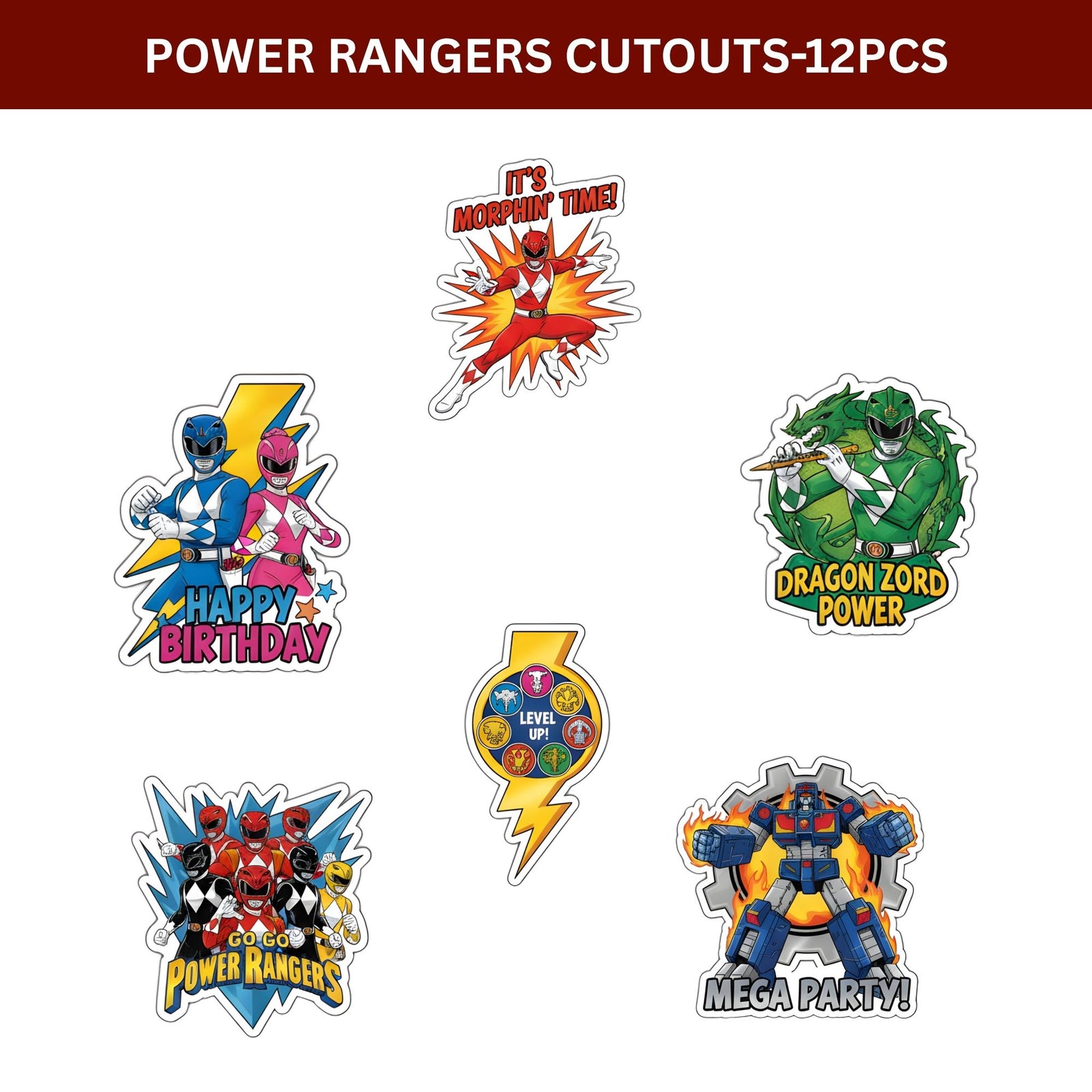 Power Rangers Theme Birthday Cutouts (6 inches/250 GSM Cardstock/Mixcolour/12Pcs)