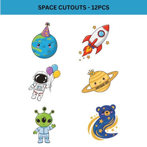 Load image into Gallery viewer, Space Theme Birthday Cutouts (6 inches/250 GSM Cardstock/Mixcolour/12Pcs)
