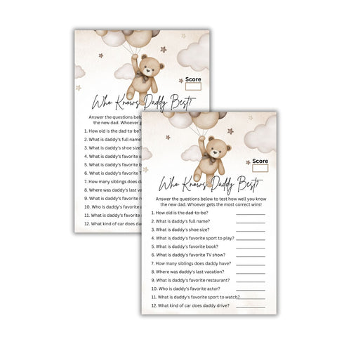 Load image into Gallery viewer, Baby Shower Games Card Pack - 18 High-Quality 300gsm Cards for Fun &amp; Exciting Celebration(Who Knows Daddy Best?)
