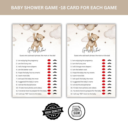 Load image into Gallery viewer, Baby Shower Games Card Pack - 18 High-Quality 300gsm Cards for Fun &amp; Exciting Celebration(Guess Who?)
