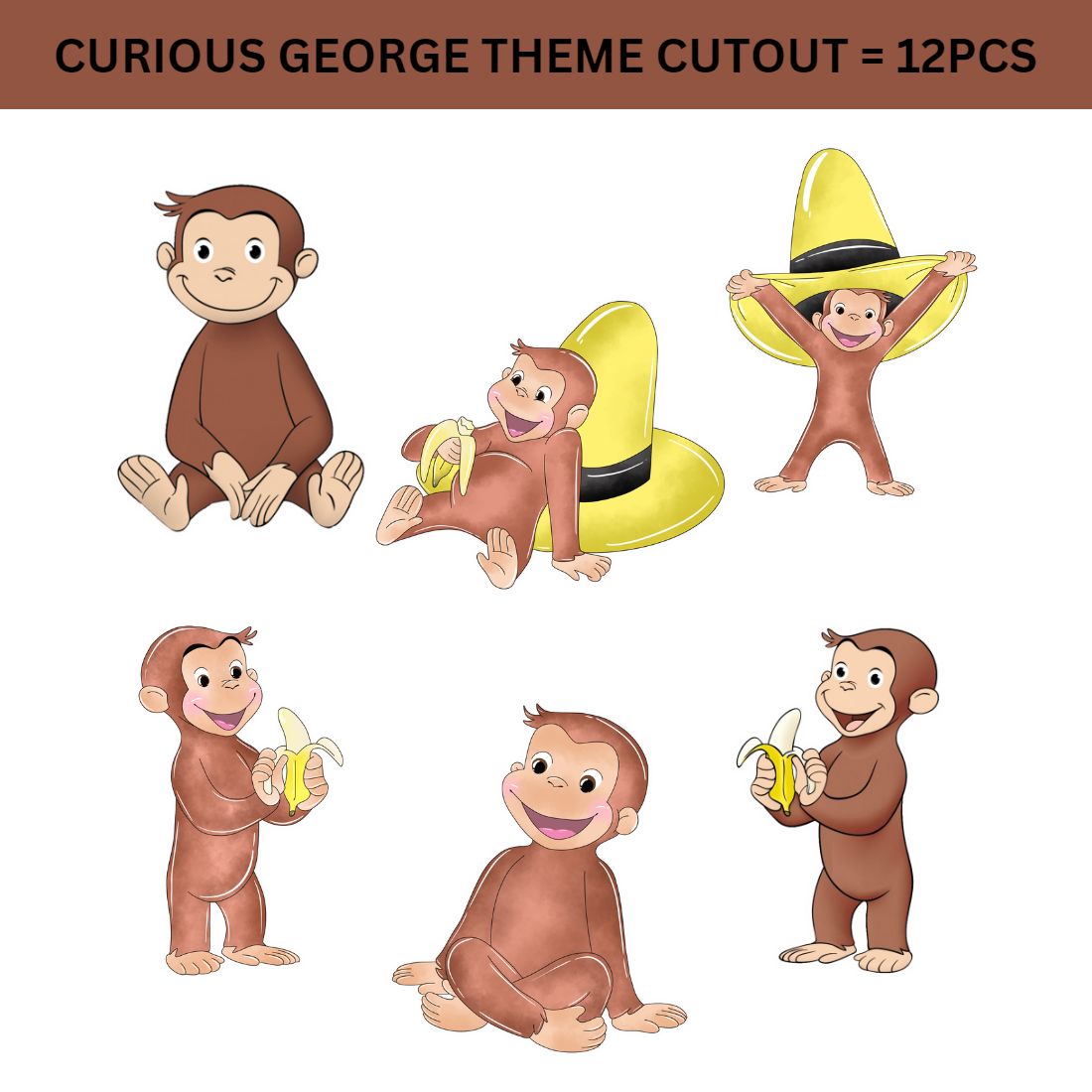 Curious George Theme Cutout (6 inches/250 GSM Cardstock/Mixcolour/12Pcs)