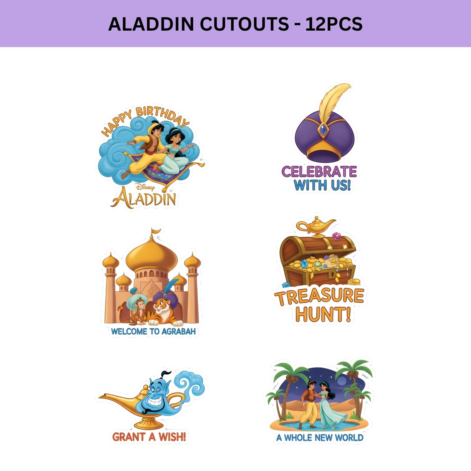 Aladdin Theme Birthday Cutouts (6 inches/250 GSM Cardstock/Mixcolour/12Pcs)