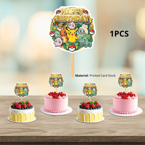 Load image into Gallery viewer, Pokemon Birthday Cake Topper for Kids | Premium 300 GSM Cardstock | Cute Cartoon Party Decoration | Cake Decoration Topper for Birthday Party Supplies

