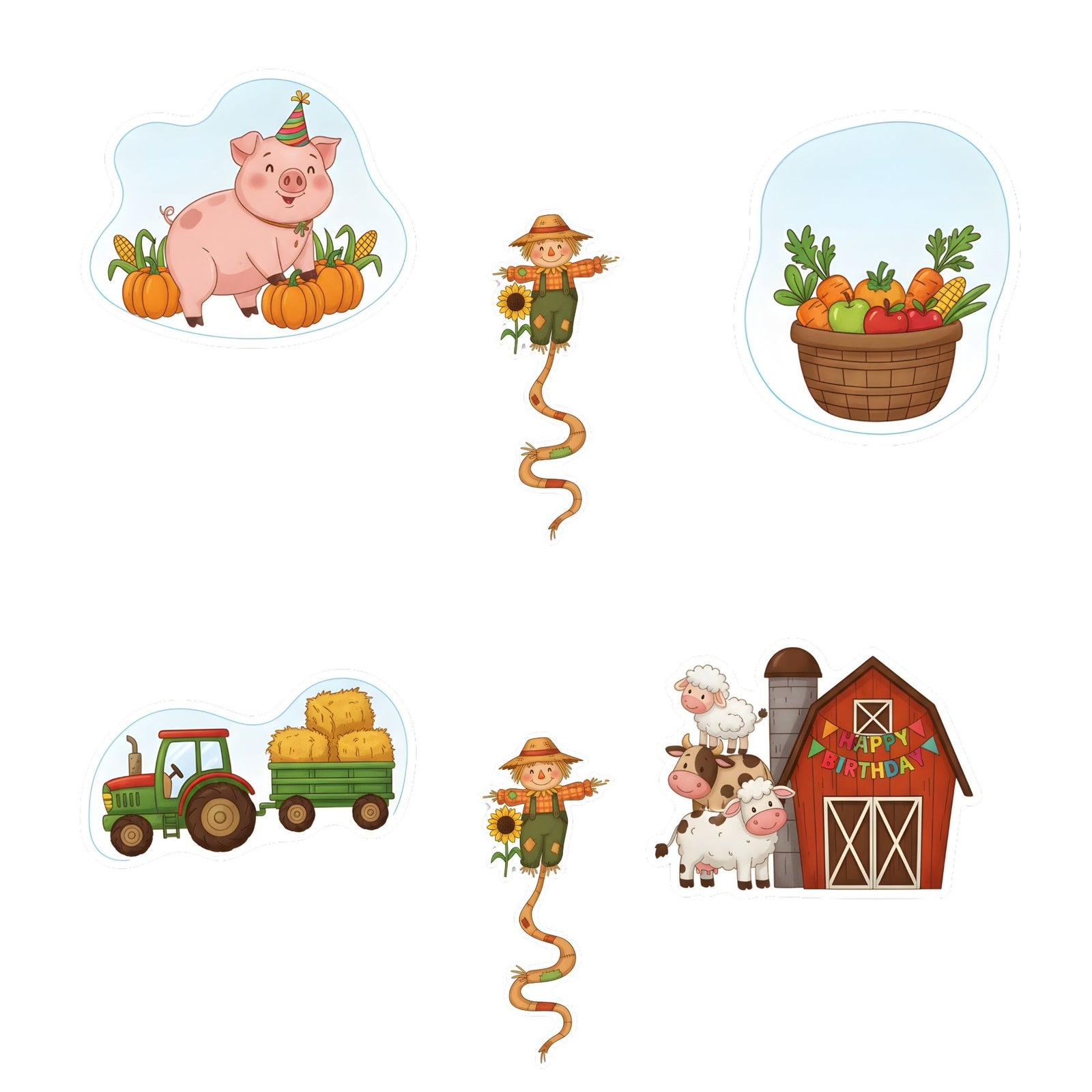 Farm House Theme Birthday Cutouts (6 inches/250 GSM Cardstock/Mixcolour/12Pcs)