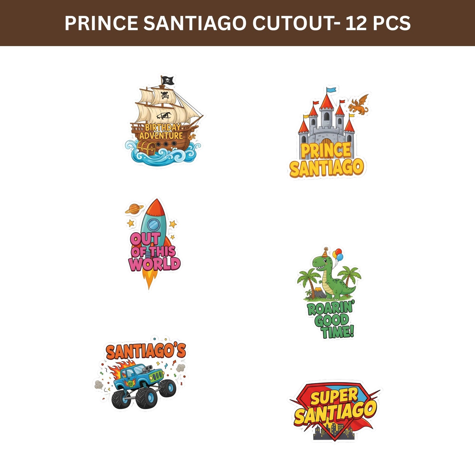 Prince Santiago Theme Birthday Cutouts (6 inches/250 GSM Cardstock/Mixcolour/12Pcs)