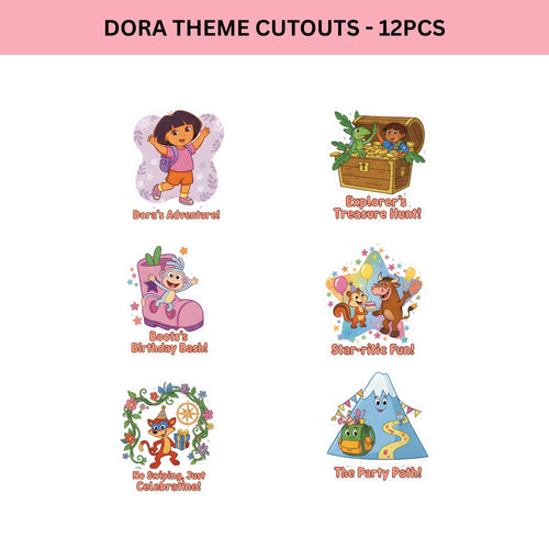 Load image into Gallery viewer, Dora Theme Birthday Cutouts (6 inches/250 GSM Cardstock/Mixcolour/12Pcs)
