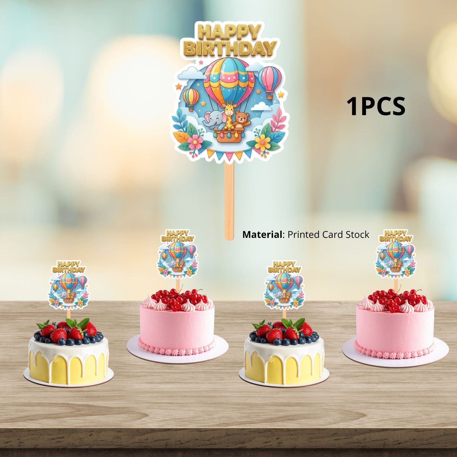 Hot Air Balloon Safari Birthday Cake Topper for Kids | Premium 300 GSM Cardstock | Cute Cartoon Party Decoration | Cake Decoration Topper for Birthday Party Supplies