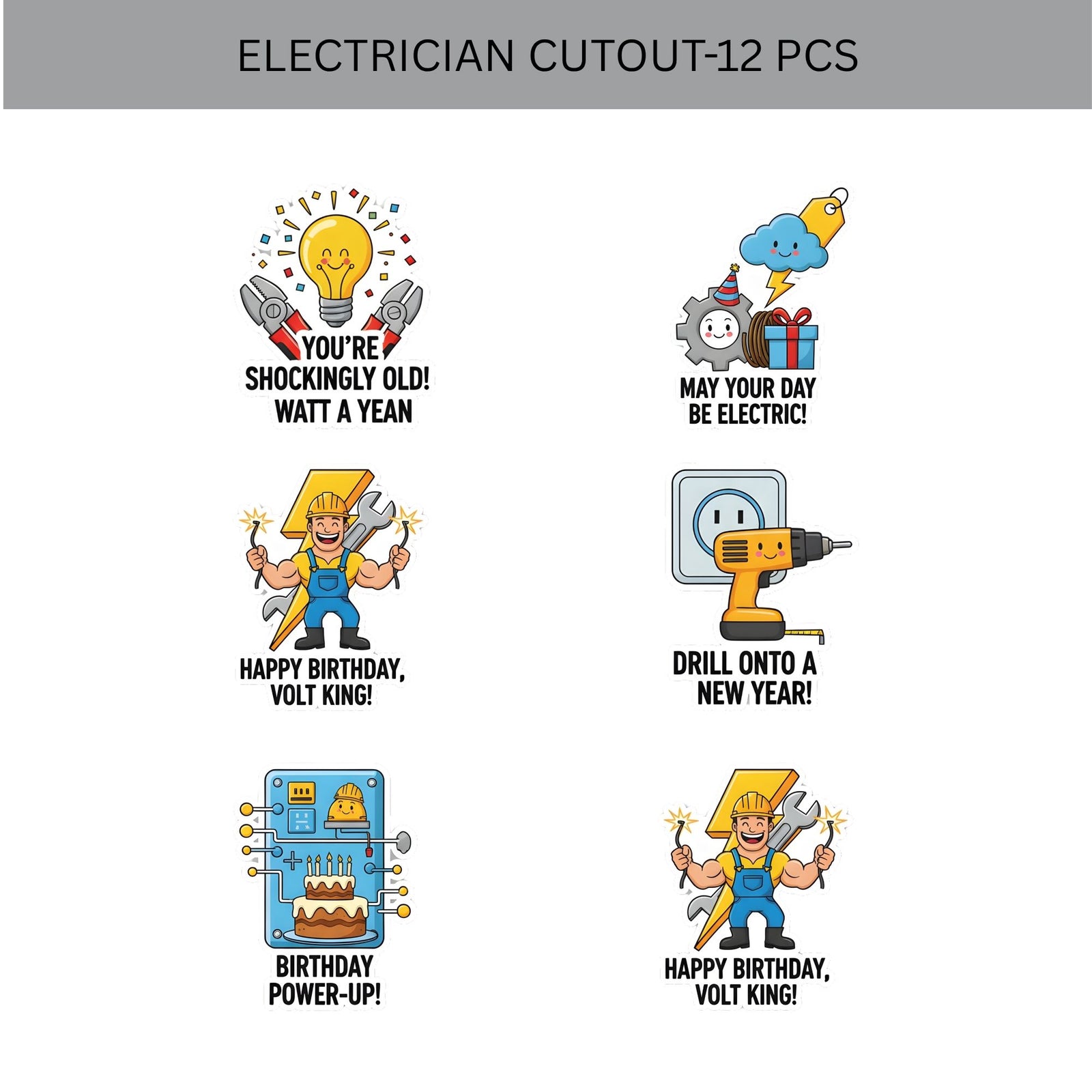 Electrician Theme Birthday Cutouts (6 inches/250 GSM Cardstock/Mixcolour/12Pcs)
