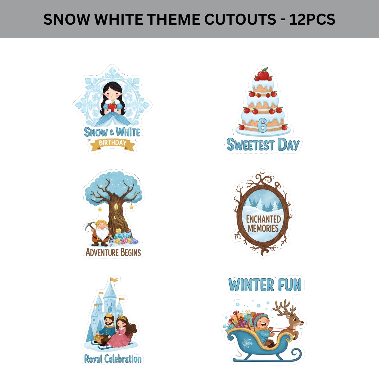 Snow White Theme Birthday Cutouts (6 inches/250 GSM Cardstock/Mixcolour/12Pcs)